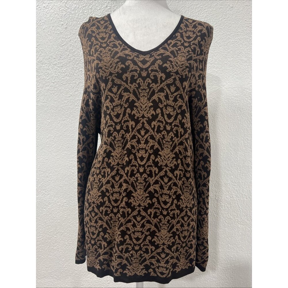 Vintage August Max Woman‎ Y2K Blouse Geometric Top XS Brown Long Sleeves V Neck
